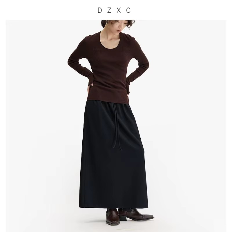 Jupe en laine 100 % avec taille élastique, jupe mi-longue taille haute pour femmes, nouveau style pour l'automne et l'hiver 2026