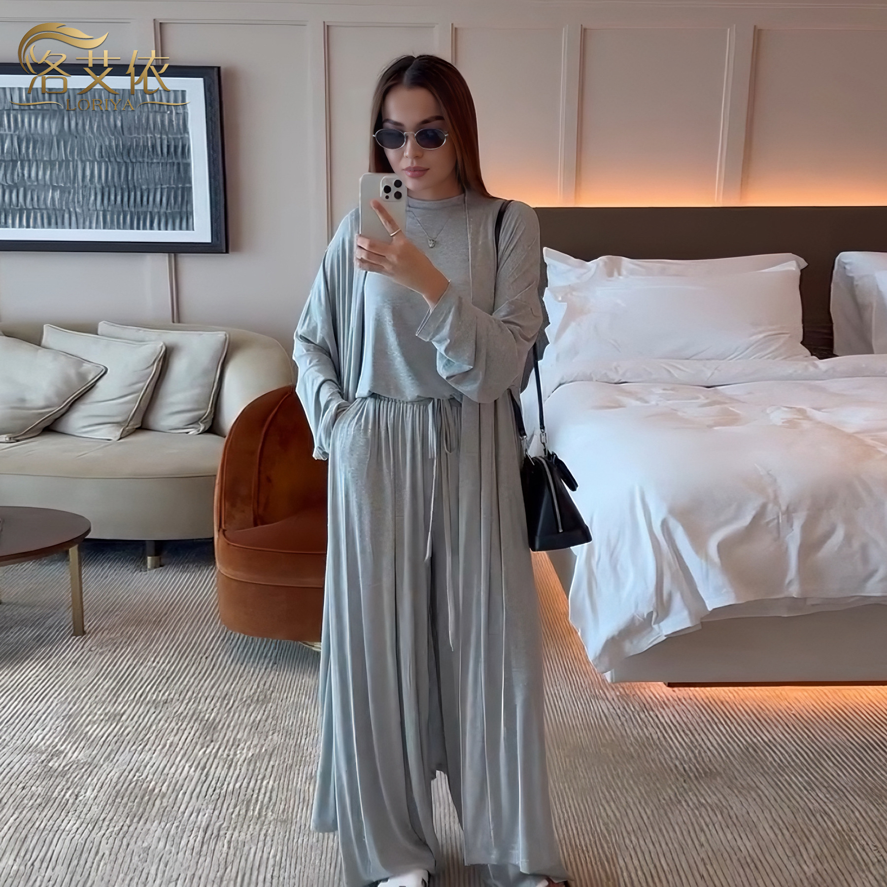 Musulman 3 pièces Ensemble femmes Cardigan chemise jambe large pantalon chemisier haut costume Musulman Ensemble dubaï décontracté Femme tenues solide décontracté