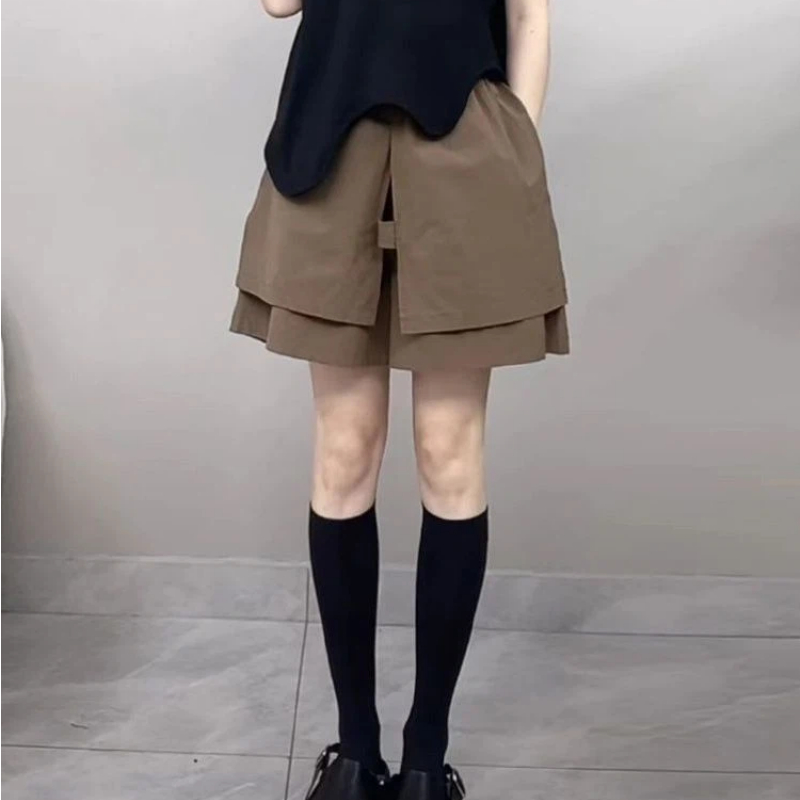 Shorts décontractés à patchwork irrégulier, coupe large, taille élastique, style vintage, pantalon cinq-quarts tendance coréenne pour femme, idéal pour l'été