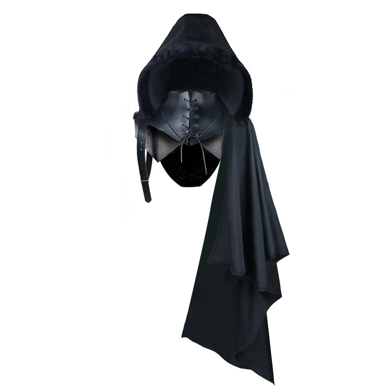 Cape chauve-souris asymétrique en PU, style gothique punk, pour adulte, costume médiéval et de la Renaissance, avec capuche de chevalier et col armure, tenue d'Halloween pour homme