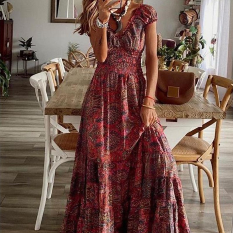 Robe d'été imprimée de Style ethnique pour femmes, manches courtes, taille, à la mode, manches pétales florales, grand ourlet, robe trapèze
