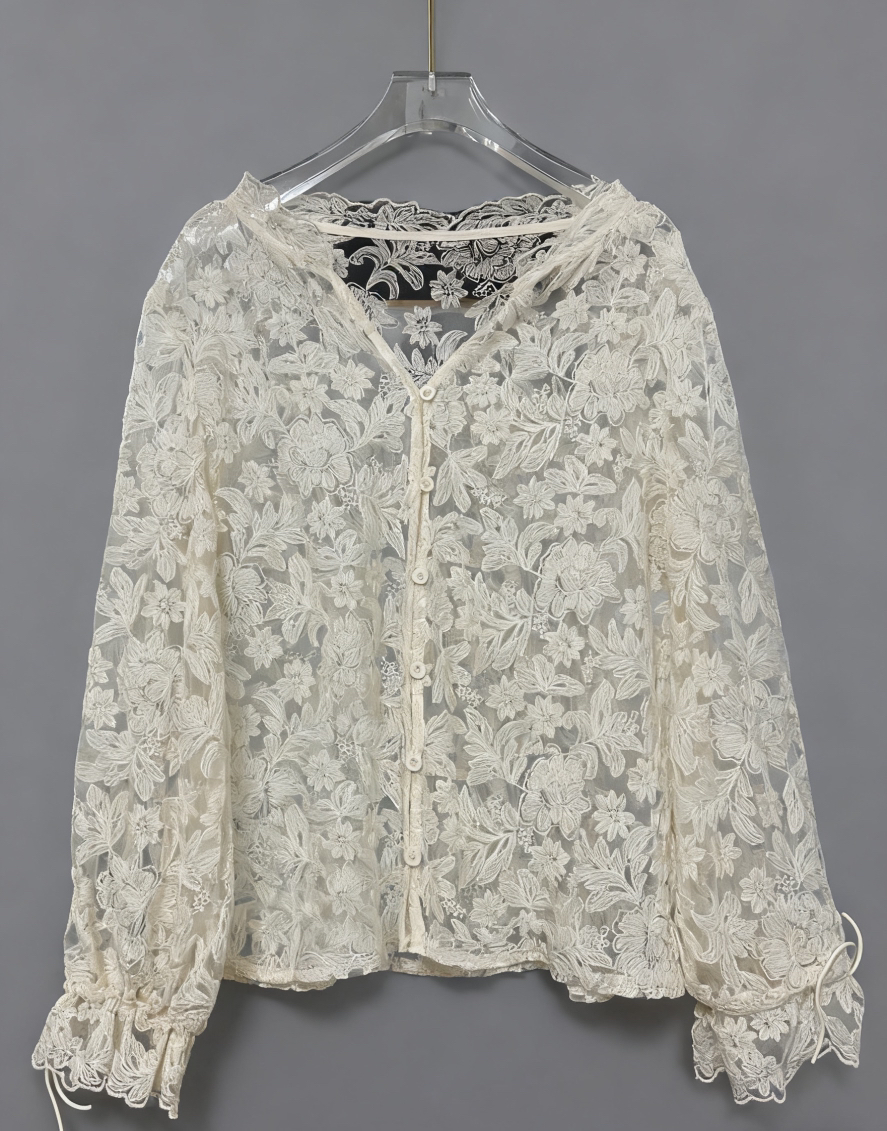 Chemise transparente en maille et dentelle pour femmes, col en v, chemisiers doux, décontracté, Slim, manches longues, Crochet, hauts élégants, nouvelle mode 2026