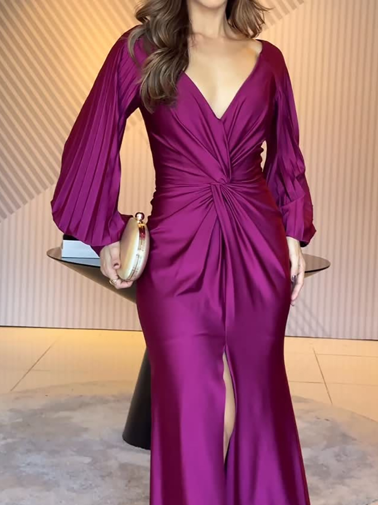 Robe longue maxi élégante à col en V profond et patchwork pour femme, manches longues, coupe ajustée, couleur unie, idéale pour le printemps, l'été, les fêtes et le streetwear