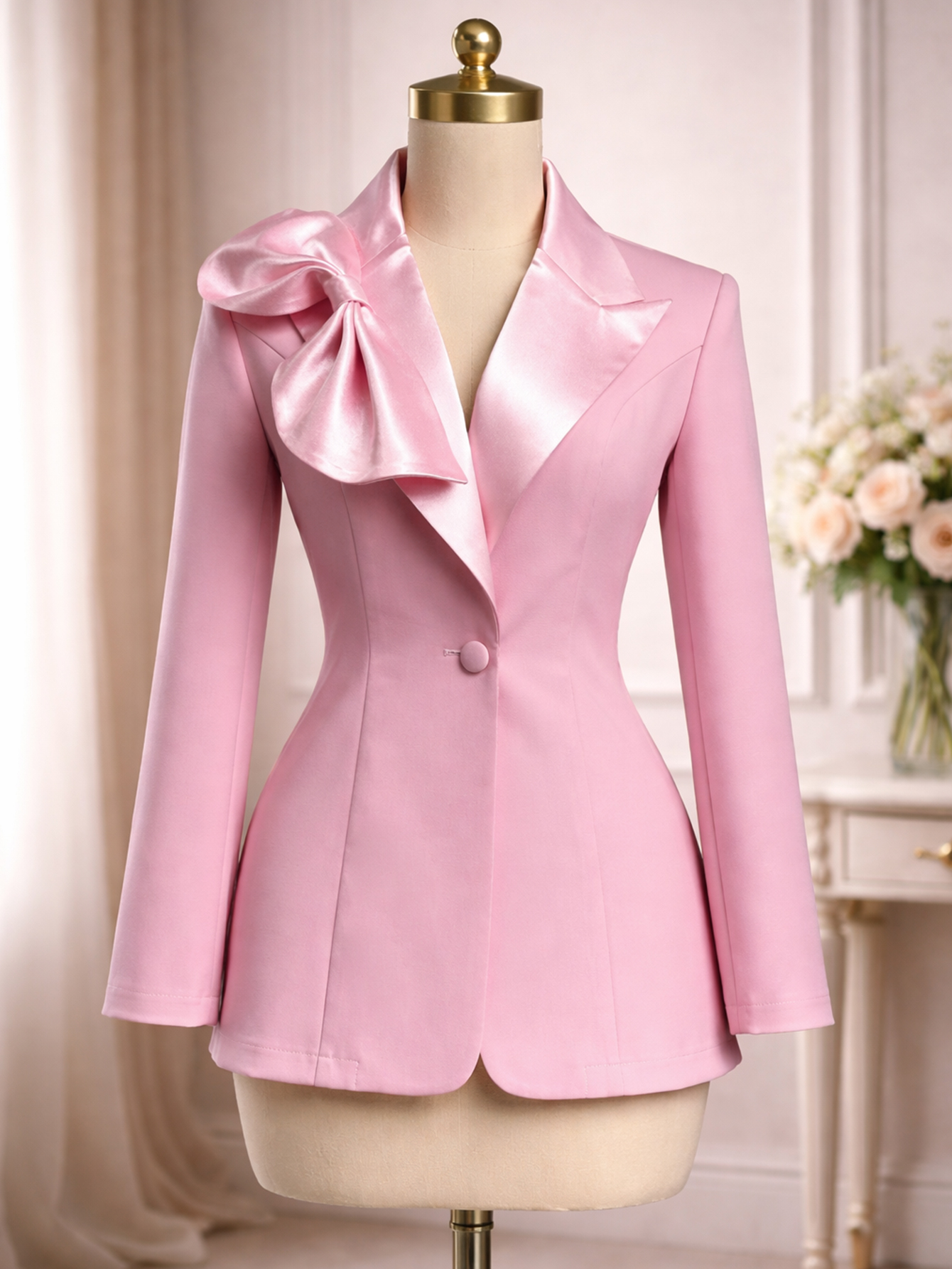 Blazer rose élégant pour femme en satin, col cranté, nœud, manches longues, bouton unique, idéal pour mariage, invité, remise de diplôme, soirée