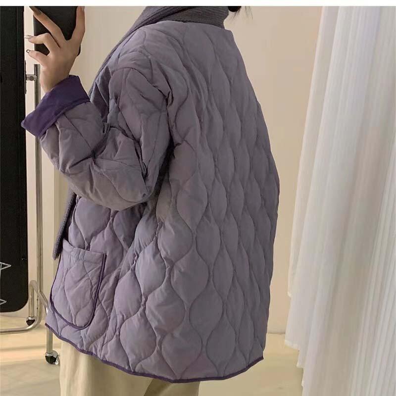 Femmes coréennes Patchwork diamant coton veste automne hiver mode col rond matelassé veste léger confort vêtements de dessus pour femmes