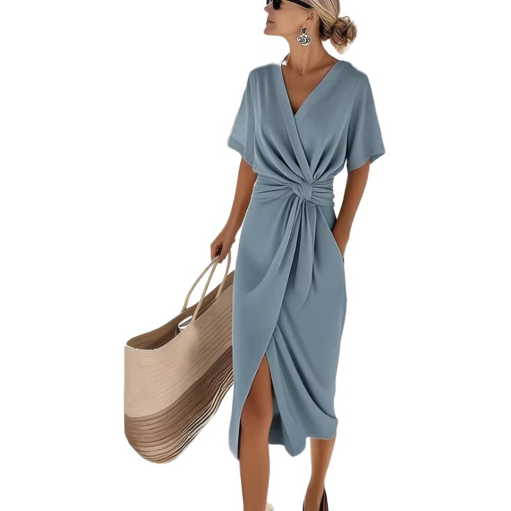 Robes pour femmes 2026 nouvelle mode couleur unie enroulée à lacets col en V fendue nouée mi-mollet vêtements pour femmes vestidos