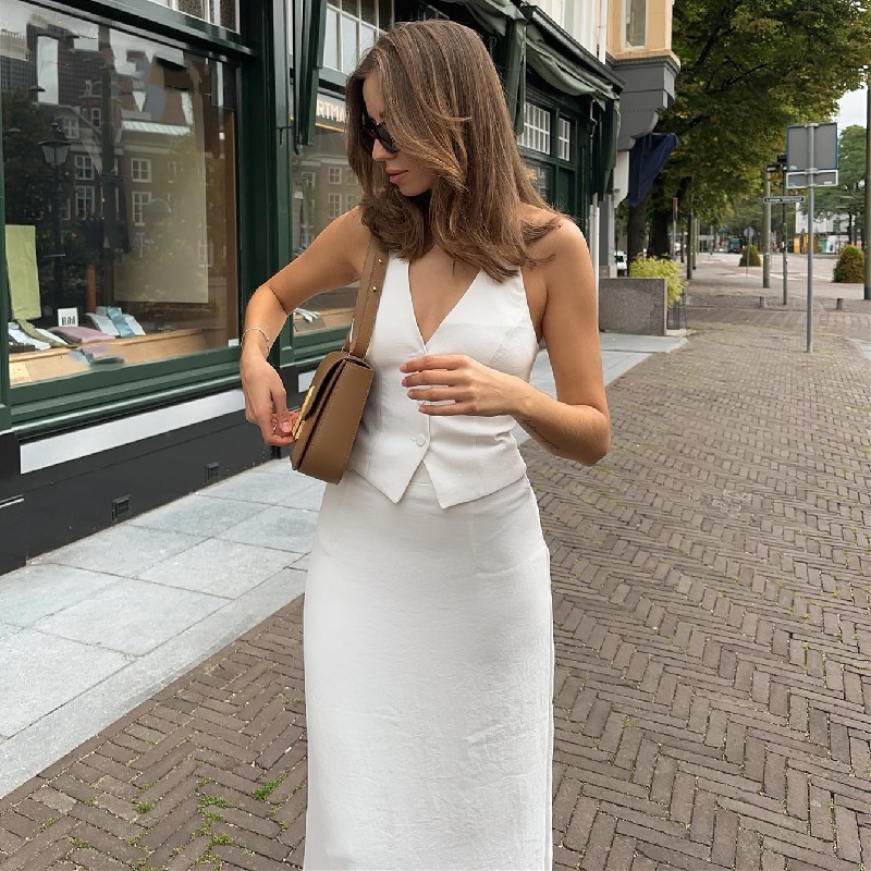 Tenue d'été 2 pièces pour femmes, couleur unie, hauts à boutons et jupe longue fendue, ensemble pour Streetwear, vêtements esthétiques y2k