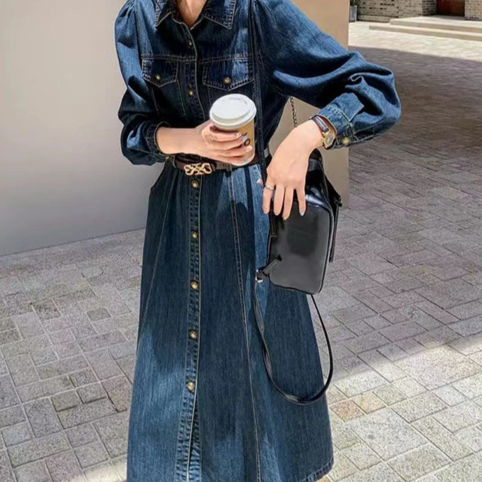 Robes en jean pour femmes, coupe trapèze, unies, longueur mi-mollet, manches longues, poches, simple boutonnage, style décontracté chic pour le bureau, Printemps 2026