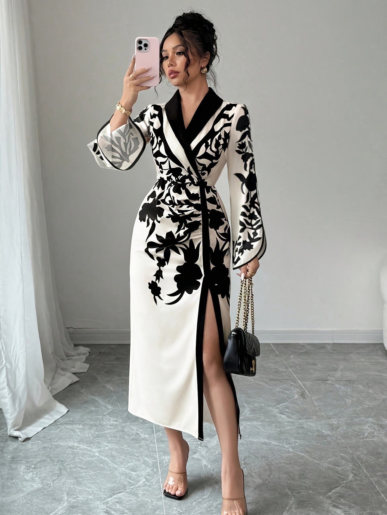 Robe d'automne femmes fleur florale élégante mode taille mince dames robes fendu Sexy moulante femme robe mi-longue