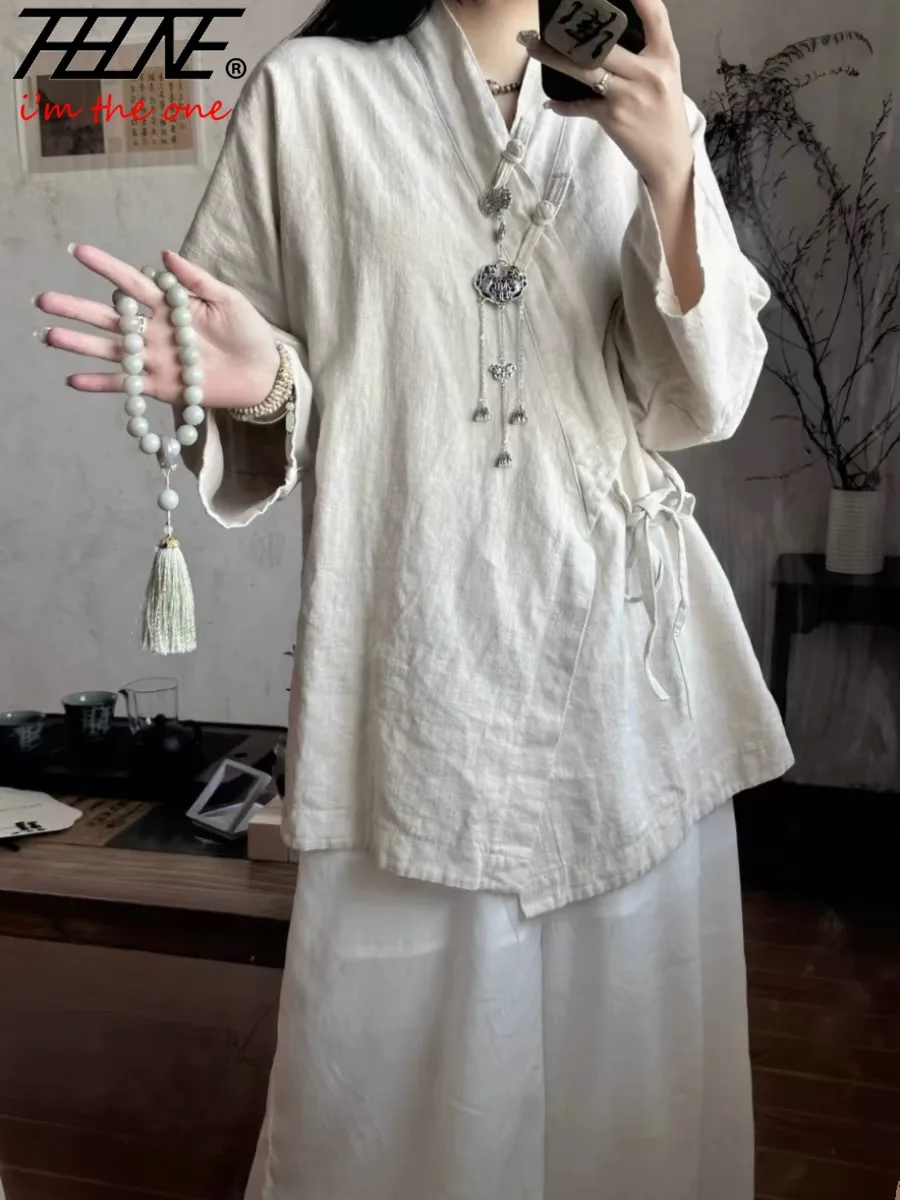 Chemisier à lacets vintage pour femmes, manches longues, chemises coréennes pour femmes, coton, lin, solide, décontracté, mode automne, 2024