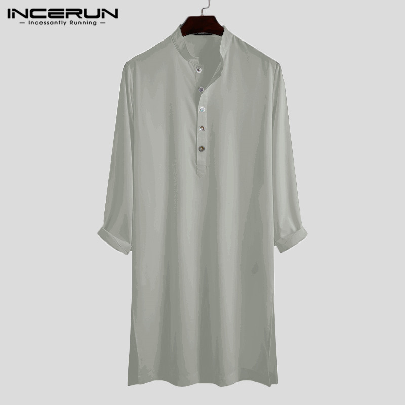 INCERUN hommes chemise musulmane col montant à manches longues islamique arabe caftan couleur unie Streetwear décontracté longues chemises hommes vêtements 5XL
