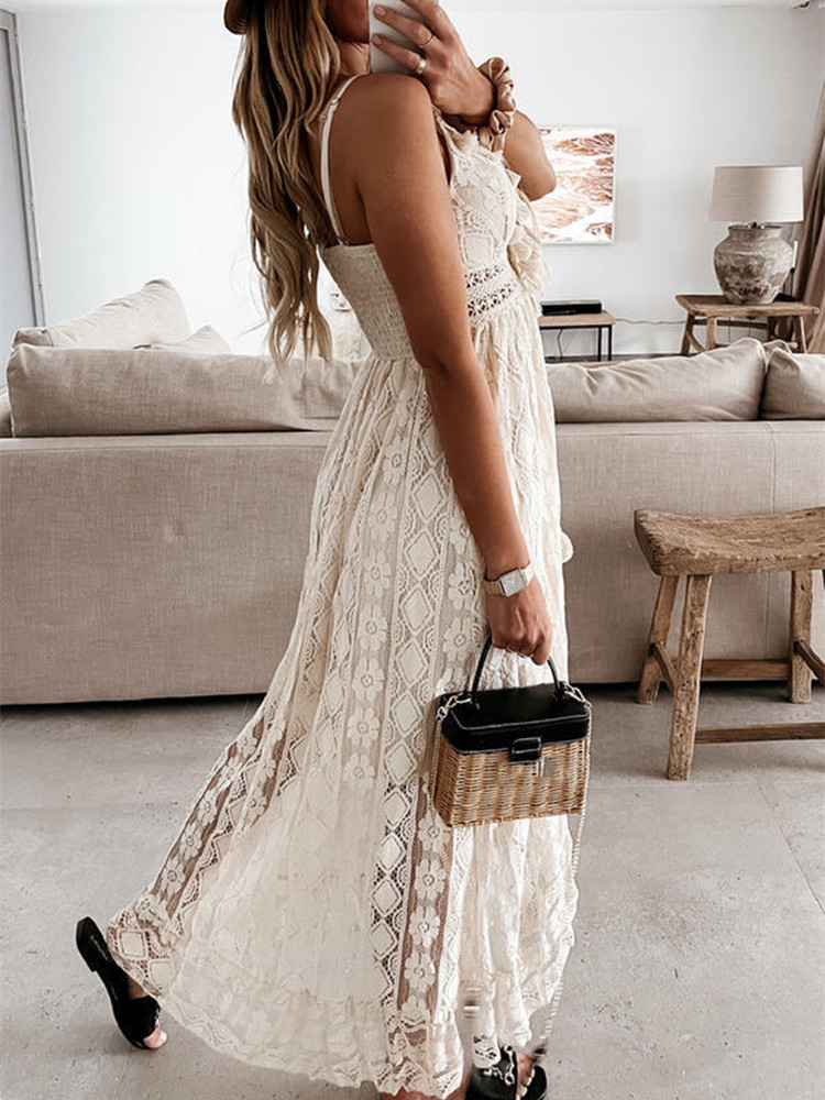 Robe longue en dentelle style Boho pour femme, vêtement de plage, taille haute, ligne A, été