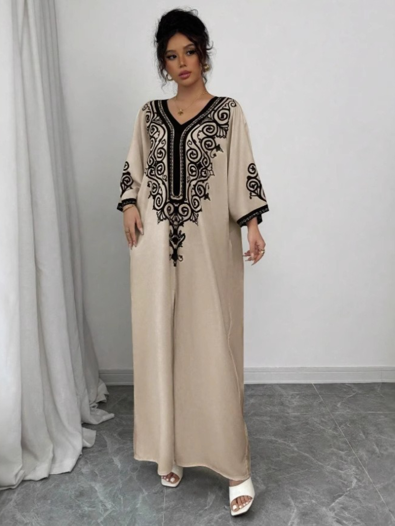 Eid femmes Robe musulmane Abaya col en V Robe ample fête Jalabiya Ramadan robes longues robes Largos caftan arabe marocain caftan