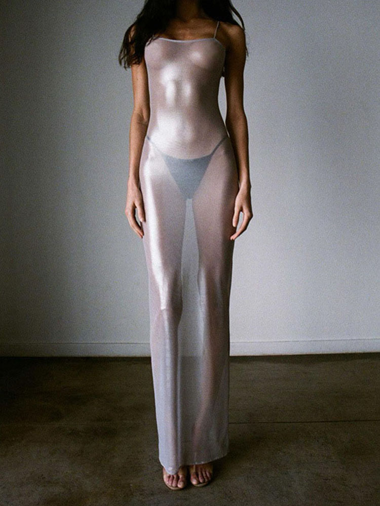 Robe Maxi Transparente pour Femme, Tenue Sexy à Bretelles, Moulante, Superbe Tenue Hipster, Vêtement Féminin