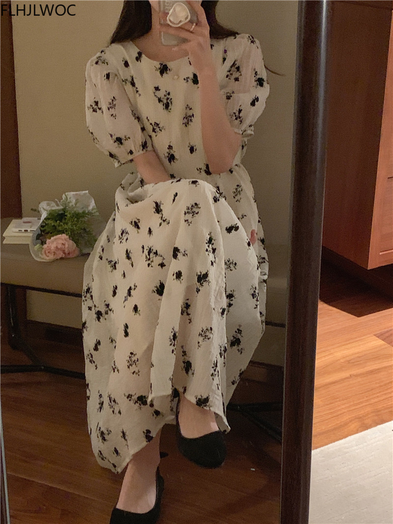 Robe longue vintage à imprimé floral pour femmes, vêtements coréens chics, design pour femmes, vacances d'été, date, filles, col rond, dame élégante, rétro, 2022