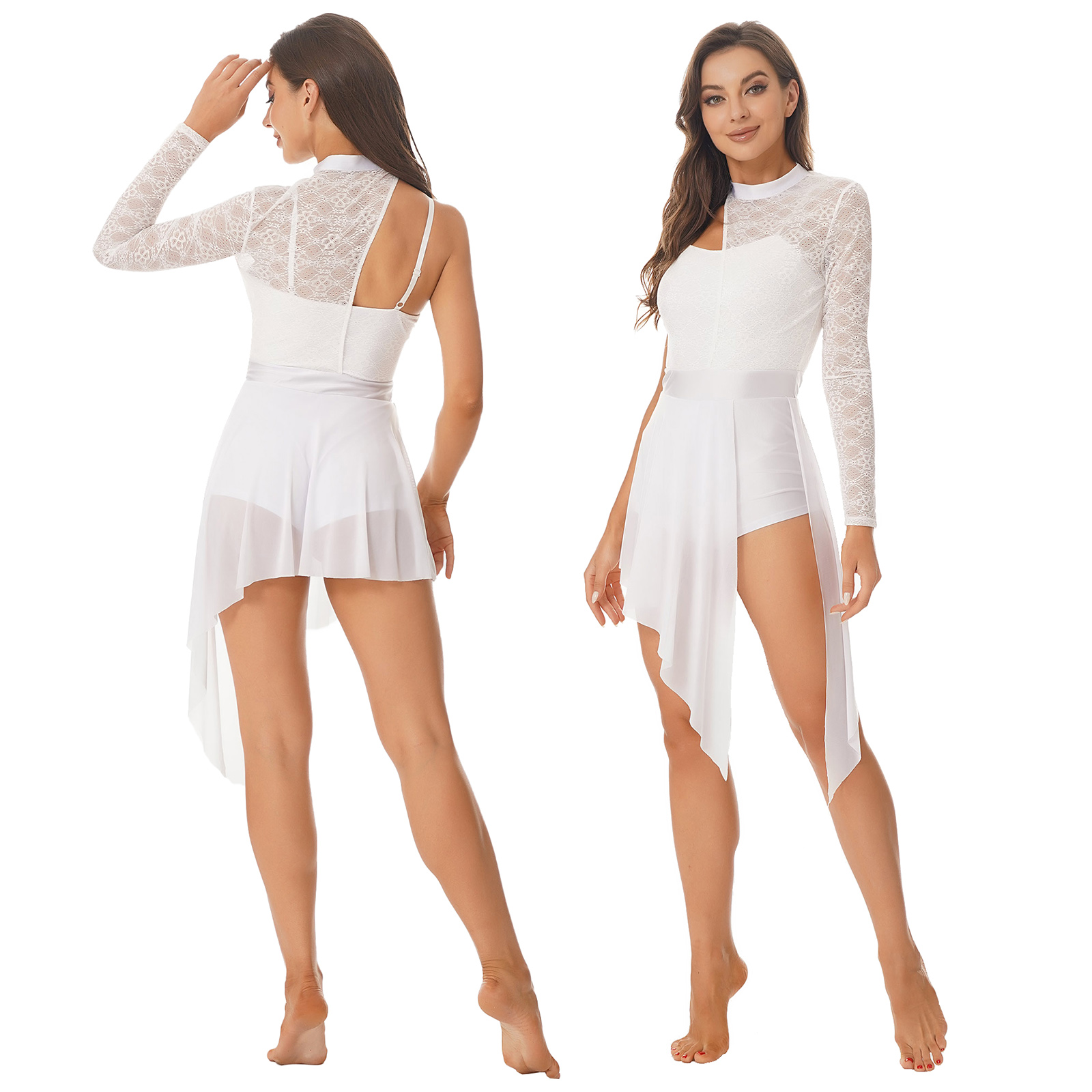 Robe de danse lyrique pour femmes, asymétrique épaule dénudée, manches longues, dentelle transparente, maille fendue, Tutu, justaucorps de patinage de Ballet, vêtements de danse de ballerine