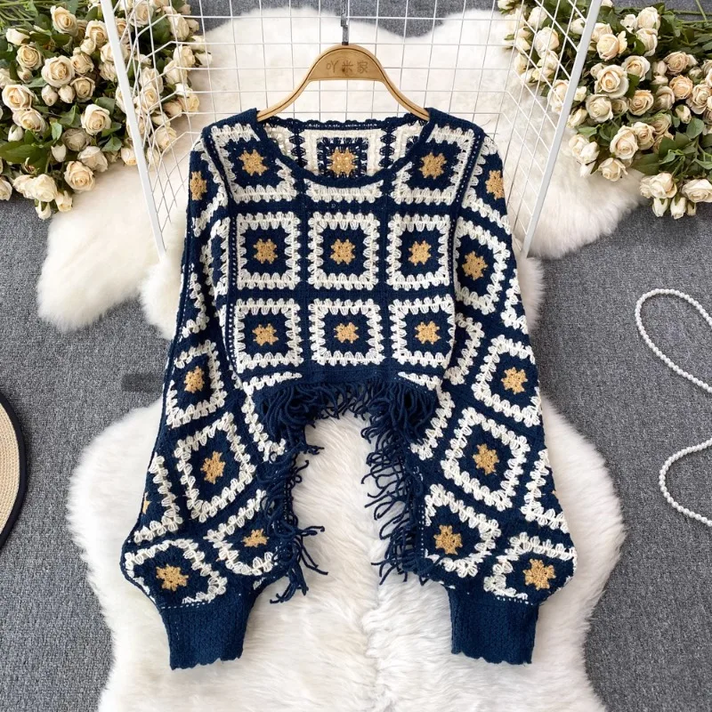 Pull bohème pour femme, col rond, crochet, fleur, creux, pulls vintage pour femme, pulls d'automne à carreaux, pompon, tout-puissant, livraison directe