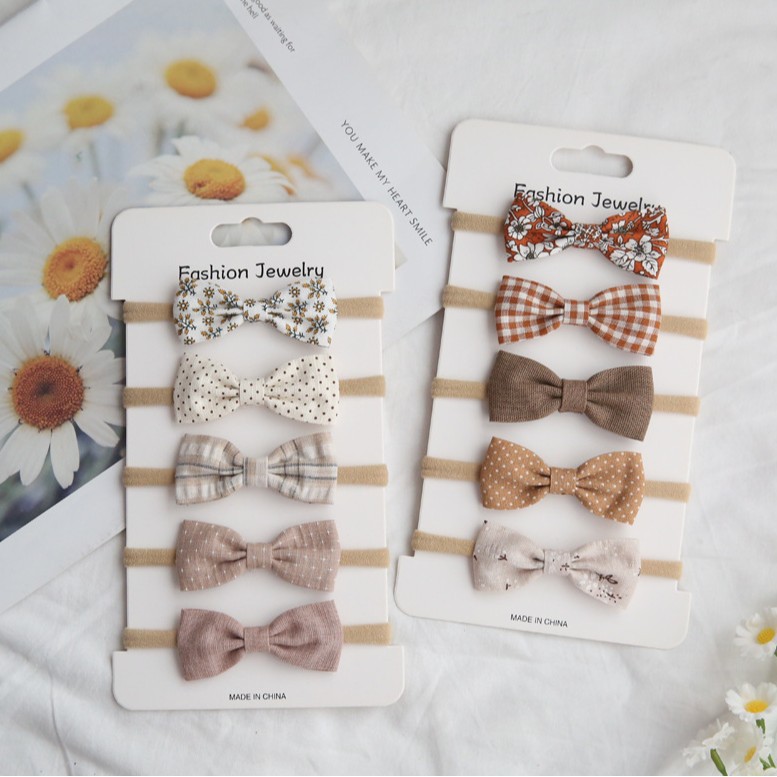 Lot de 5 élastiques à cheveux faits main pour filles, bandeaux mignons à nœuds, accessoires élégants pour bébés, attaches tendance pour enfants