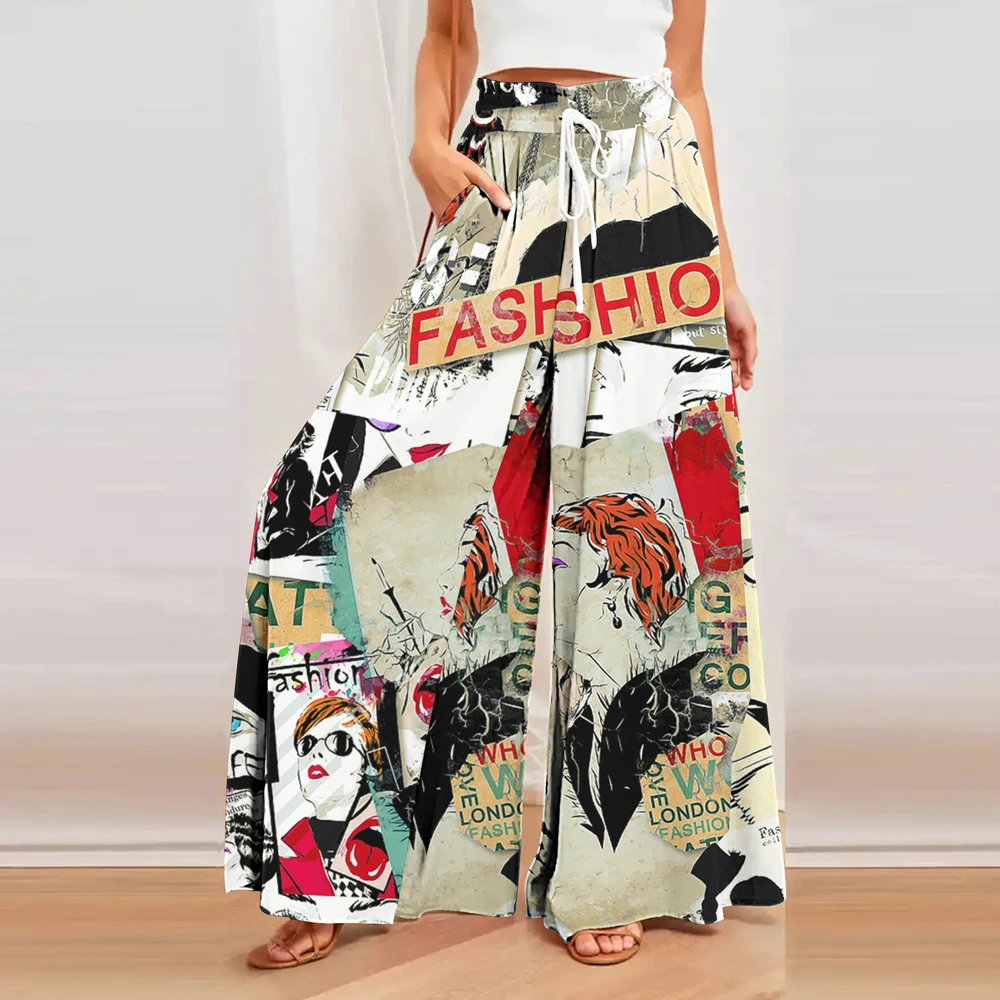 Pantalon à jambes larges pour femmes, imprimé, mode hip hop, rue décontractée, vintage, pleine longueur, ceinture indépendante, taille élastique, grande taille, surintendant ser