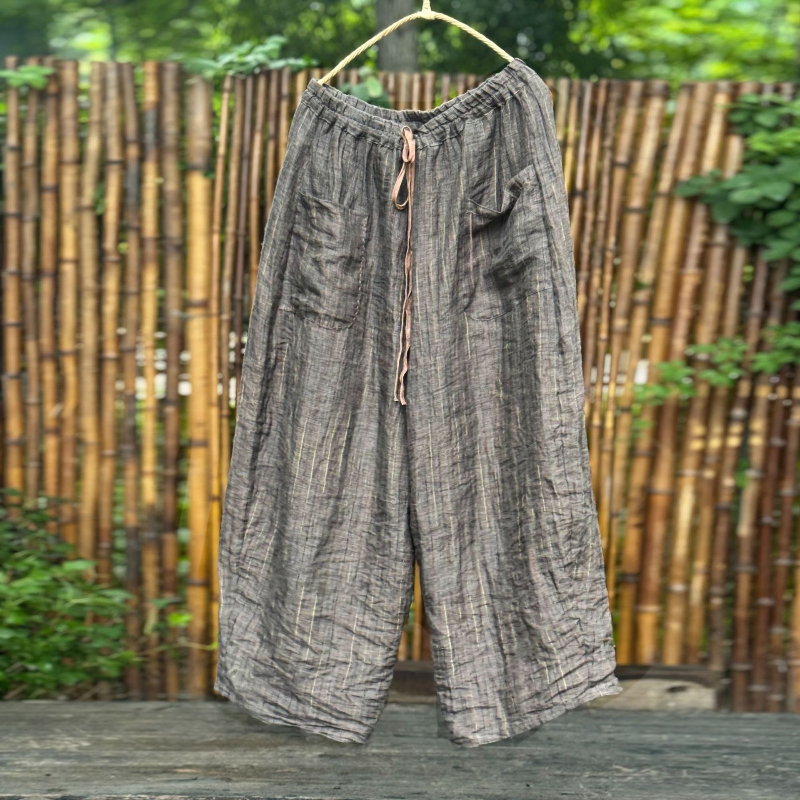Pantalon en lin rayé pour femme, jambes larges, Style Vintage, ample, poches, respirant, vêtements décontractés, automne 2025