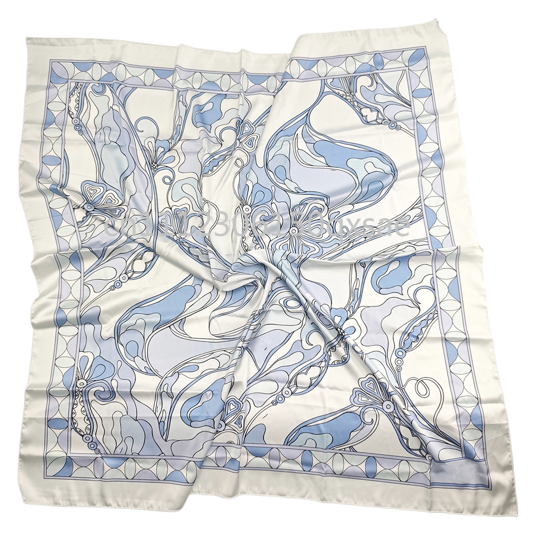Écharpe en soie bleu clair pour femme, design luxueux, avec logo signature, écharpe carrée classique de marque, 90x90cm