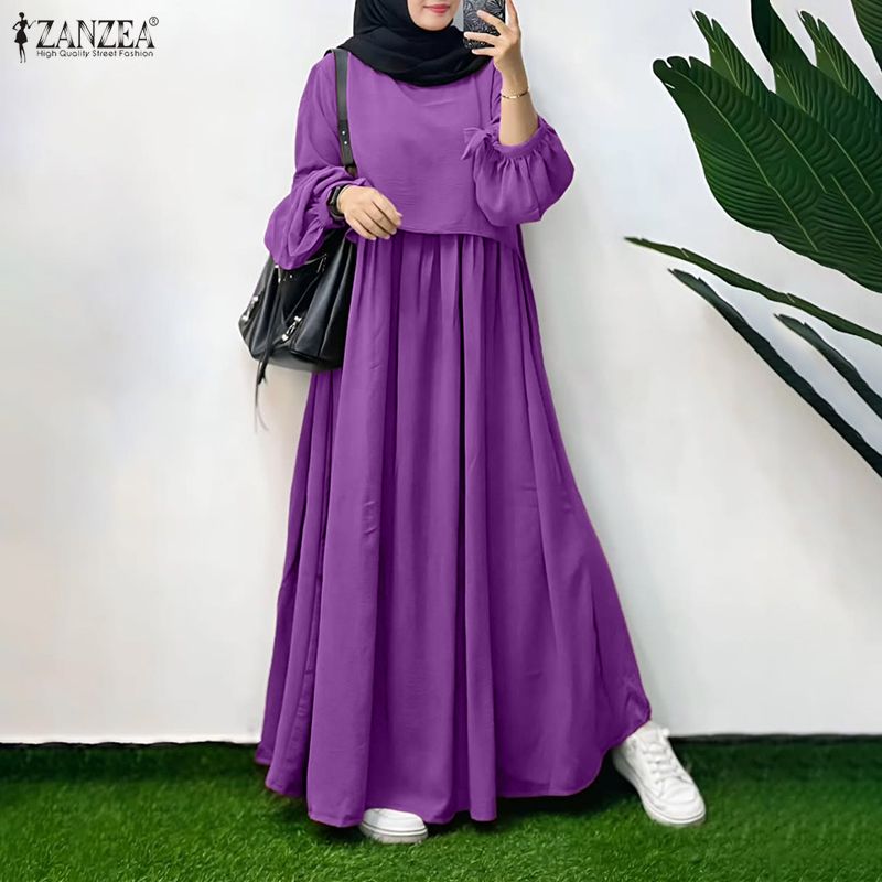 Robes maxi à superpositions pour femmes musulmanes, col rond, manches longues, couleur unie, robes amples Abaya, vêtements islamiques ZANZEA pour le Ramadan