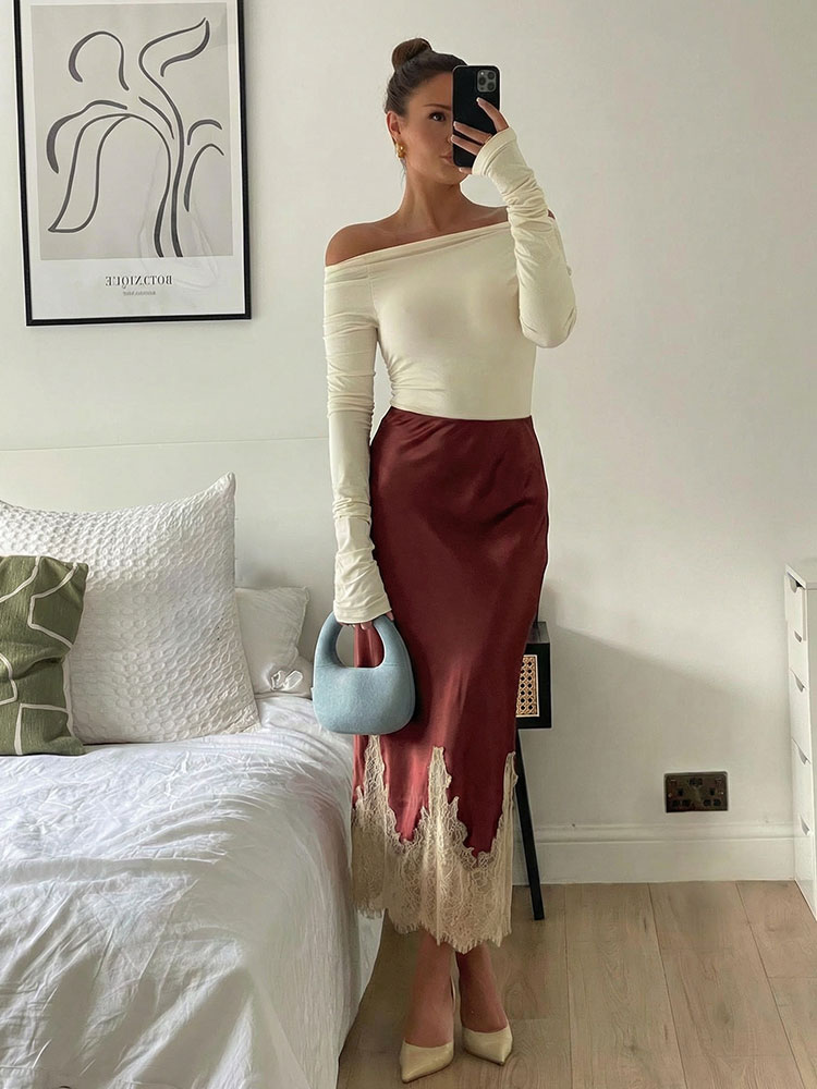 Jupe mi-longue en dentelle patchwork pour femme HH, jupe en satin à taille haute et slim, tendance estivale, jupe élégante pour soirée chic ﻿ Femme