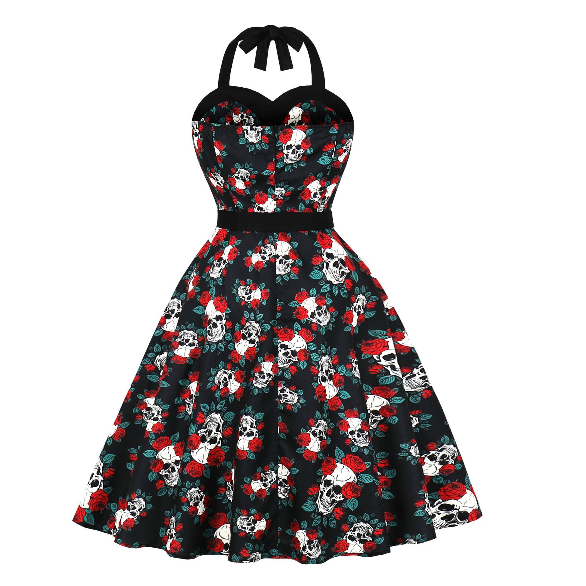 Robe de soirée d'halloween pour femmes, col licou, Bandage, imprimé Floral, crâne, rétro, simple boutonnage, ceinturée, Vintage