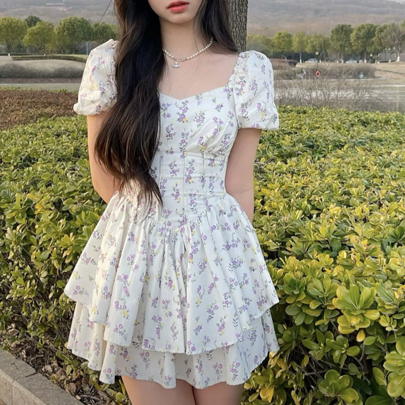 Robes pour femmes 2026, nouvelle collection été, mini-robe à imprimé floral, col carré, manches bouffantes, à une épaule, manches courtes, vêtements vestidoes