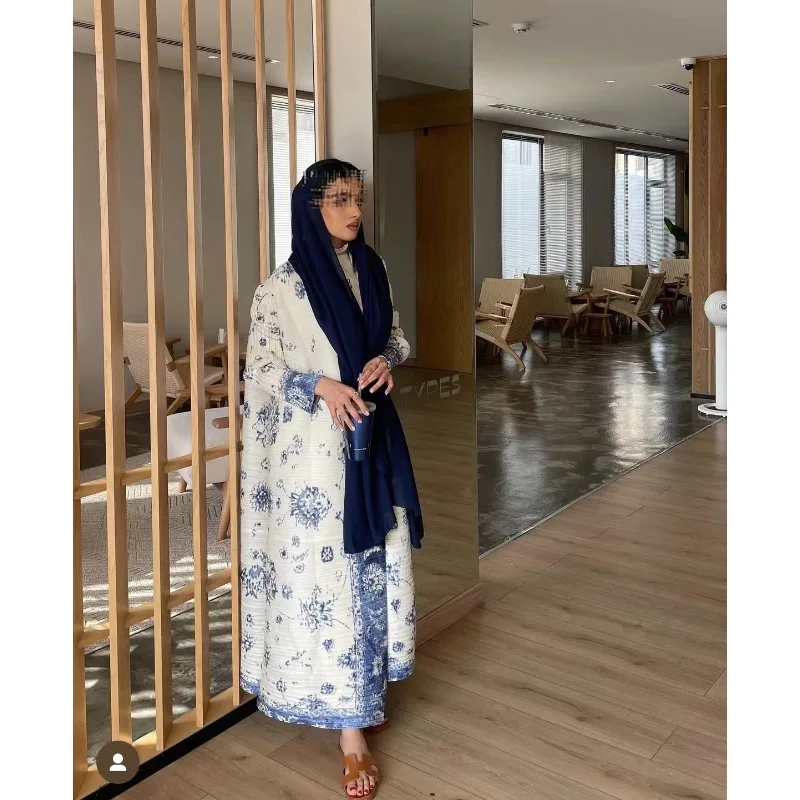 Abaya-Robe longue plissée pour femmes saoudiennes, robe de vacances, veste, péplum, blanc, imprimé haut de gamme, tempérament, décontracté, élégant, mode