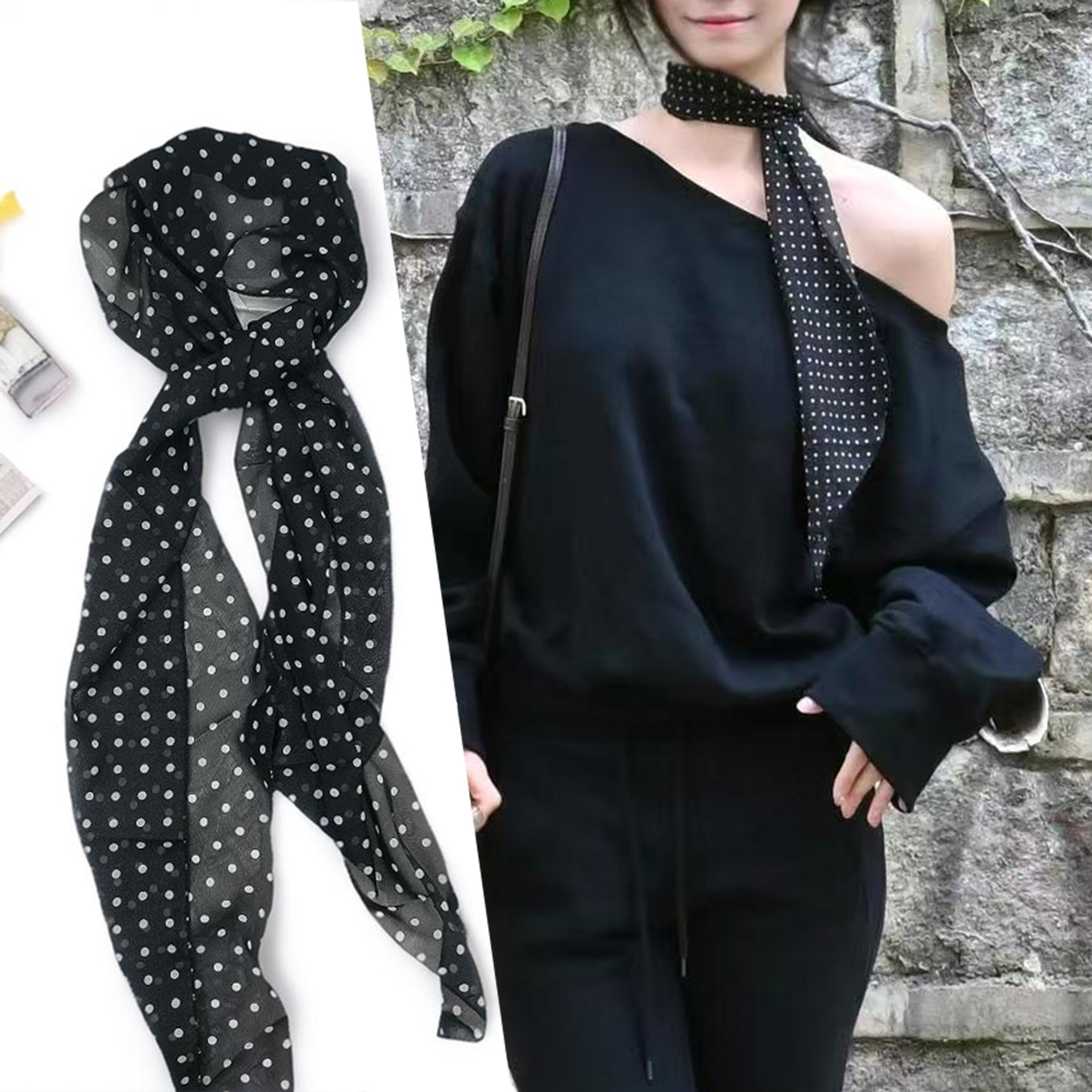 Écharpe en soie de mousseline à pois pour filles d'été, long ruban, chouchous, écharpe pour queue de cheval, élastiques à cheveux, attaches pour cheveux, cadeau