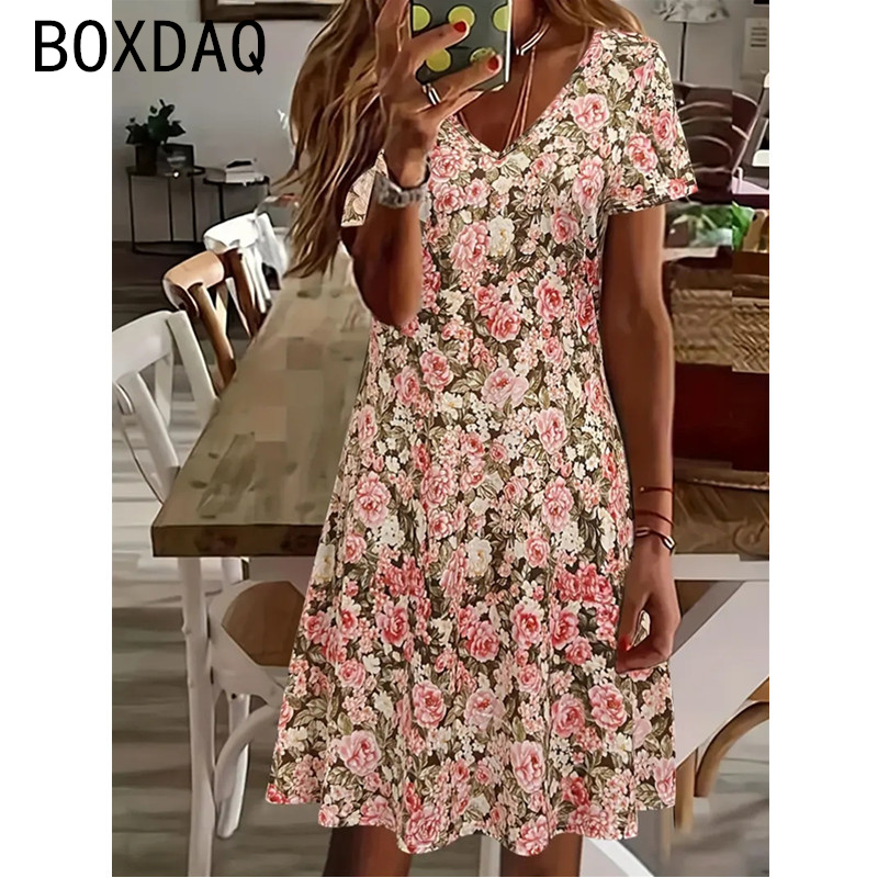 Vintage élégant imprimé fleuri a-ligne robe femmes été à manches courtes col en v plage tenue décontractée grande taille dame Simple robe de rue
