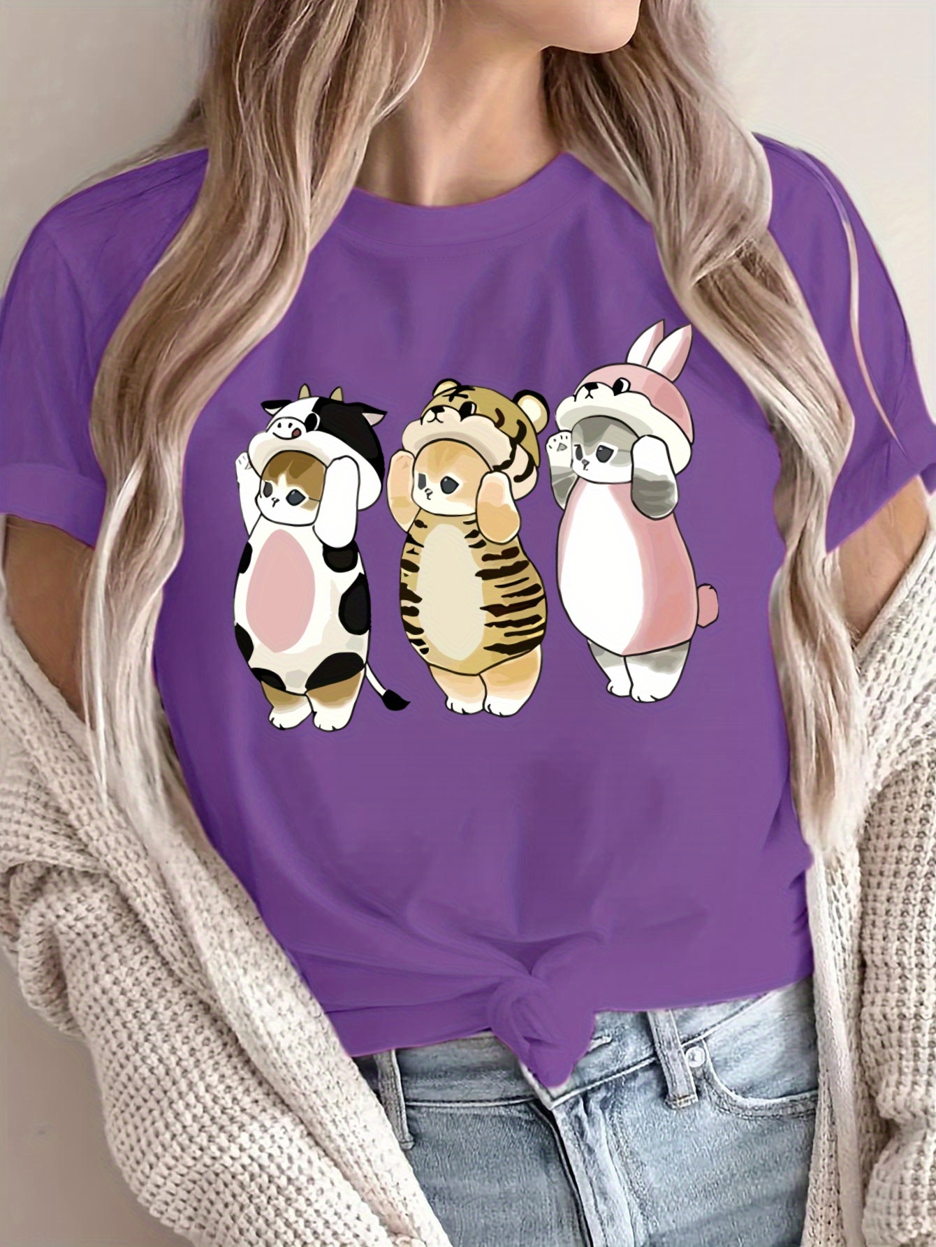 T-shirt à manches courtes imprimé animal de dessin animé mignon pour femme Design décontracté et sportif pour avec un adorable graphique chat chien lapin et ours