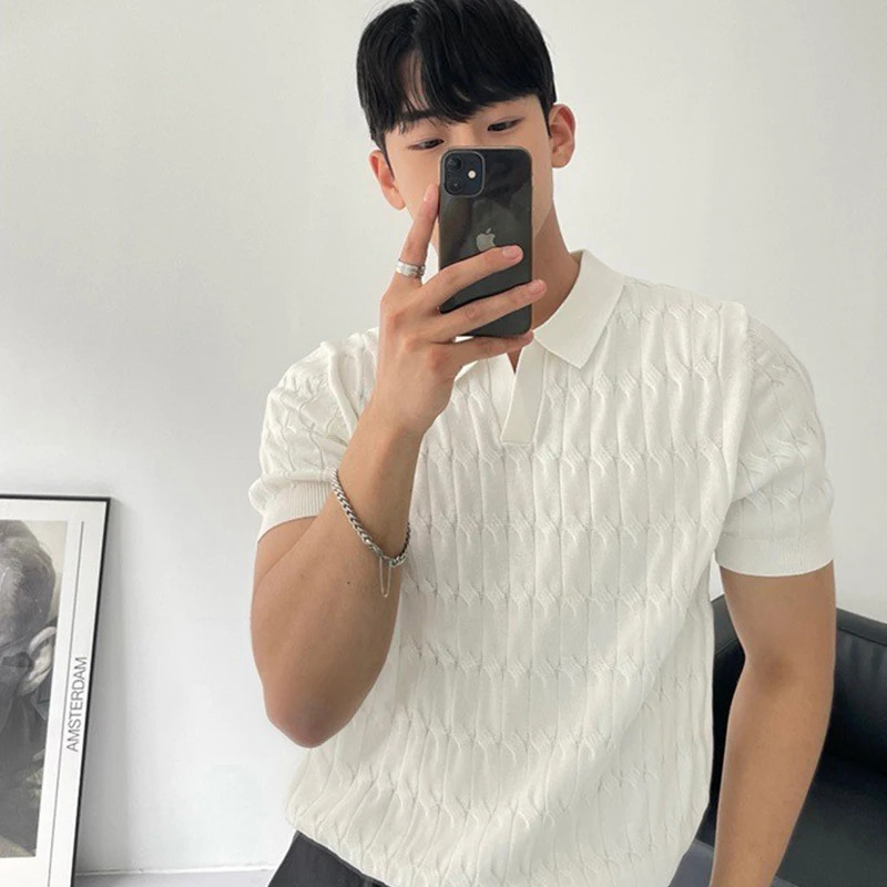 Polo jacquard à rayures pour hommes, T-shirt décontracté à col en V et à manches courtes, vêtement de luxe léger et respirant