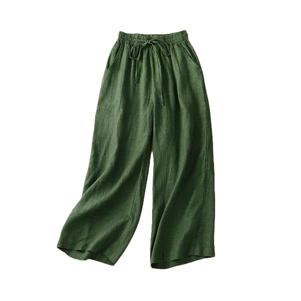 Pantalon en lin de coton pour femme, pantalon à jambes larges, pantalon à longueur de rinçage, vêtements élastiques, monochromatique, mode décontractée