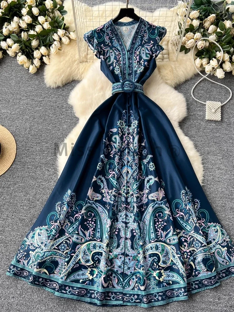 Robe longue bohème à imprimé esthétique pour femmes, vêtements ceinturés à simple boutonnage, mode française, vintage, rétro, nouveau design, été