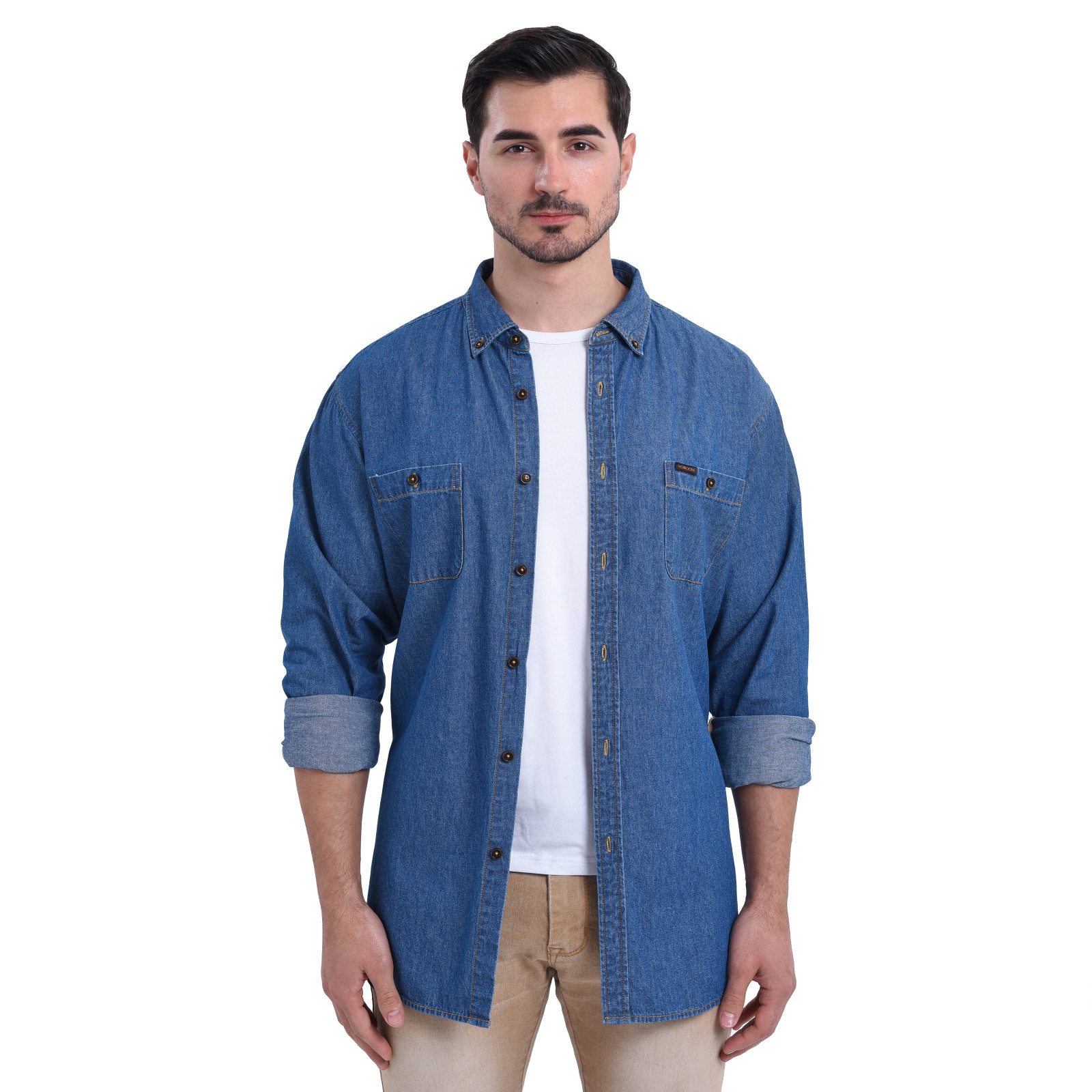 VOBOOM-Chemise en denim à manches longues pour hommes, vêtements de travail décontractés en coton avec poches, vêtements de printemps et d'automne