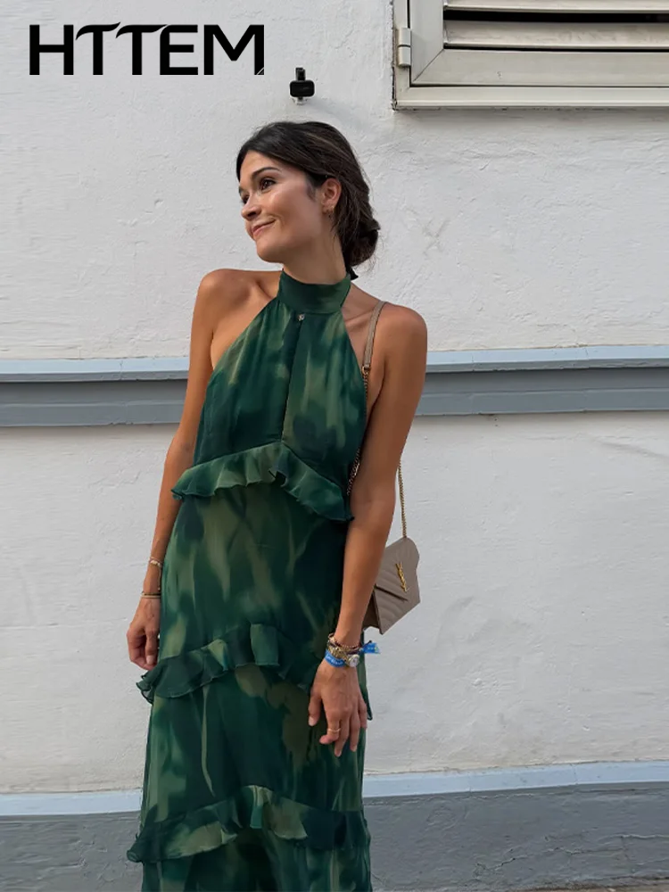 Robe longue pour femme à imprimé sexy et volants, élégante, dos nu, sans manches, ajourée, pour soirée estivale et vacances, nouvelle collection 2026.