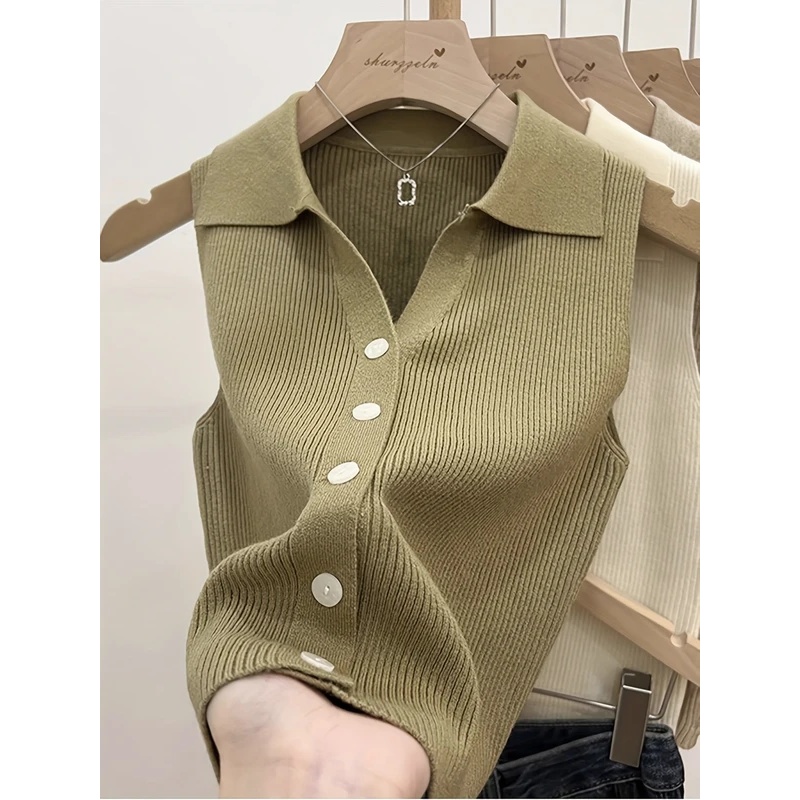 Nouvelle collection été 2026 – Gilet décontracté en maille pour femme, col rabattu, sans manches, boutonnage simple, couleur unie