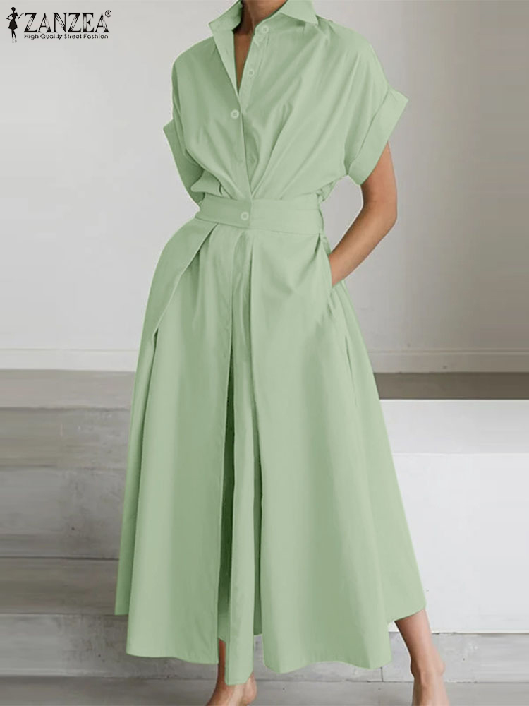 Femmes été OL Robe de travail ZANZEA élégant à manches courtes bureau Robe d'été décontracté solide une ligne boutons vacances robes caftan Robe