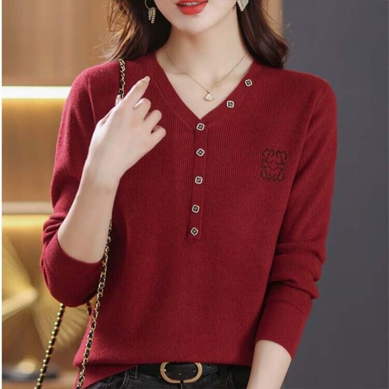 Pulls en tricot à col en V vintage pour femmes, pulls à boutons monochromes, vêtements décontractés, dame de bureau, mode chic, automne, hiver
