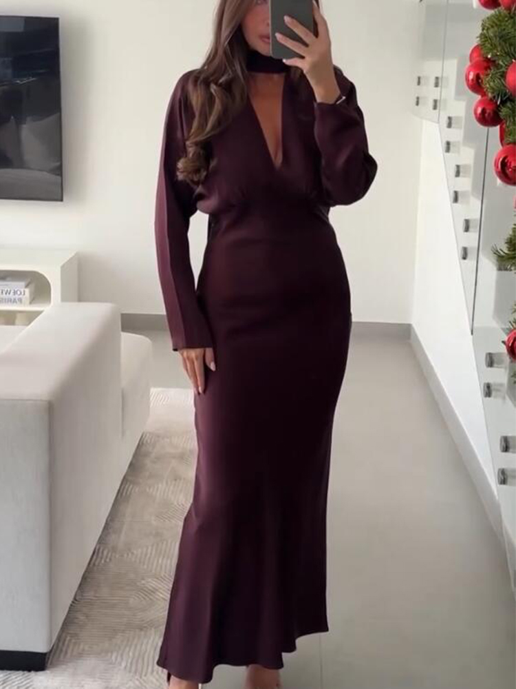 2025 nouvelles femmes mode Satin col en V robe robes longues avec écharpe Chic robes élégantes femmes à manches longues tenue décontractée