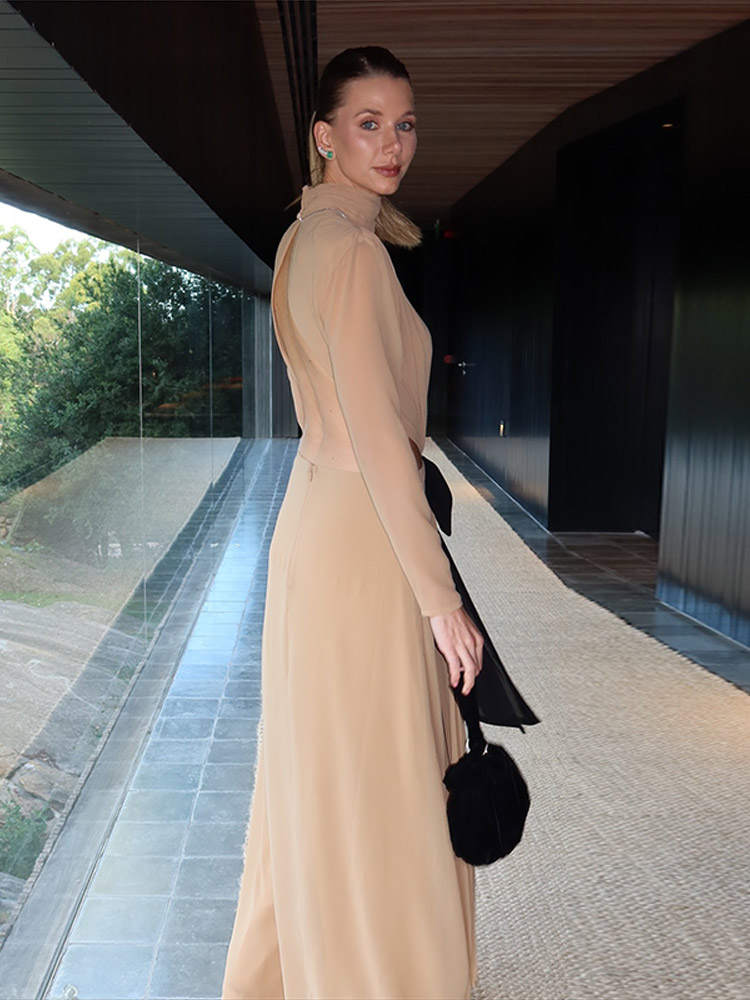 Nouvelle Robe Longue Chic Femme à Col Roulé, Découpes et Nœud, Manches Longues, Dos Nu, Plissée, Coupe Ajustée, pour Soirée et Cérémonie