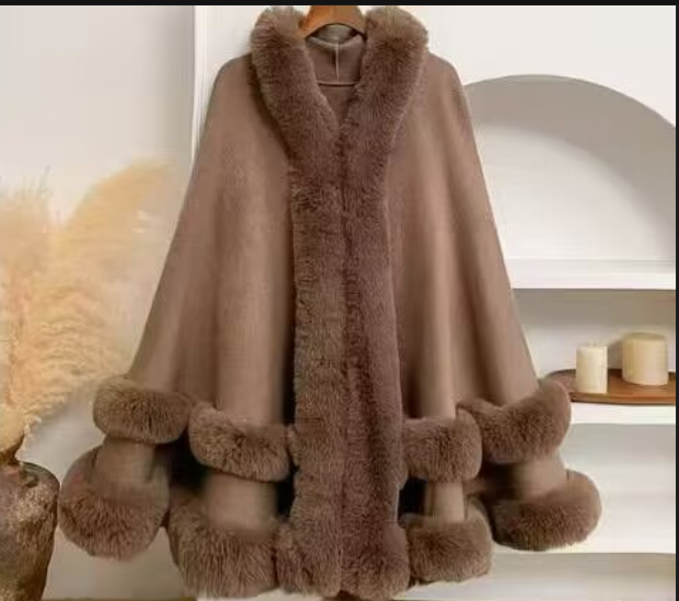 Cape châle extérieure en fausse fourrure de lapin à deux cercles, Poncho Long surdimensionné chaud d'hiver pour femme, pardessus ample avec chapeau