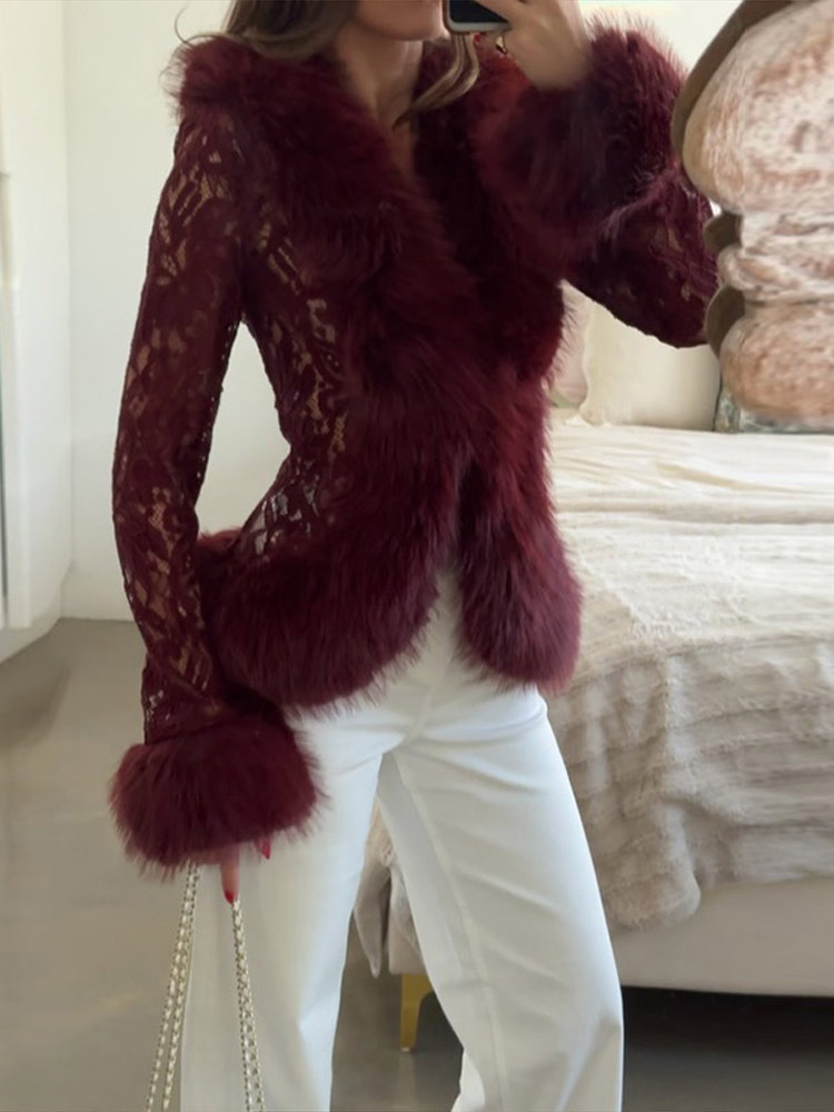 Manteau en fourrure élégant pour femme, automne-hiver 2026, avec empiècements en dentelle, col en V, manches longues, taille cintrée, mode streetwear féminine, nouveauté.