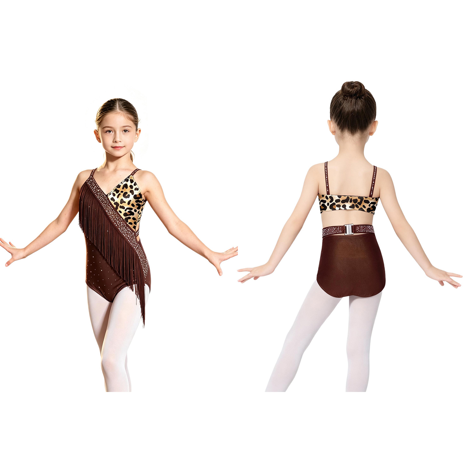 Robe de danse pour enfants filles, style léopard à franges, pour la danse latine, salsa, jazz, tango, avec découpes latérales croisées, sans manches, type justaucorps