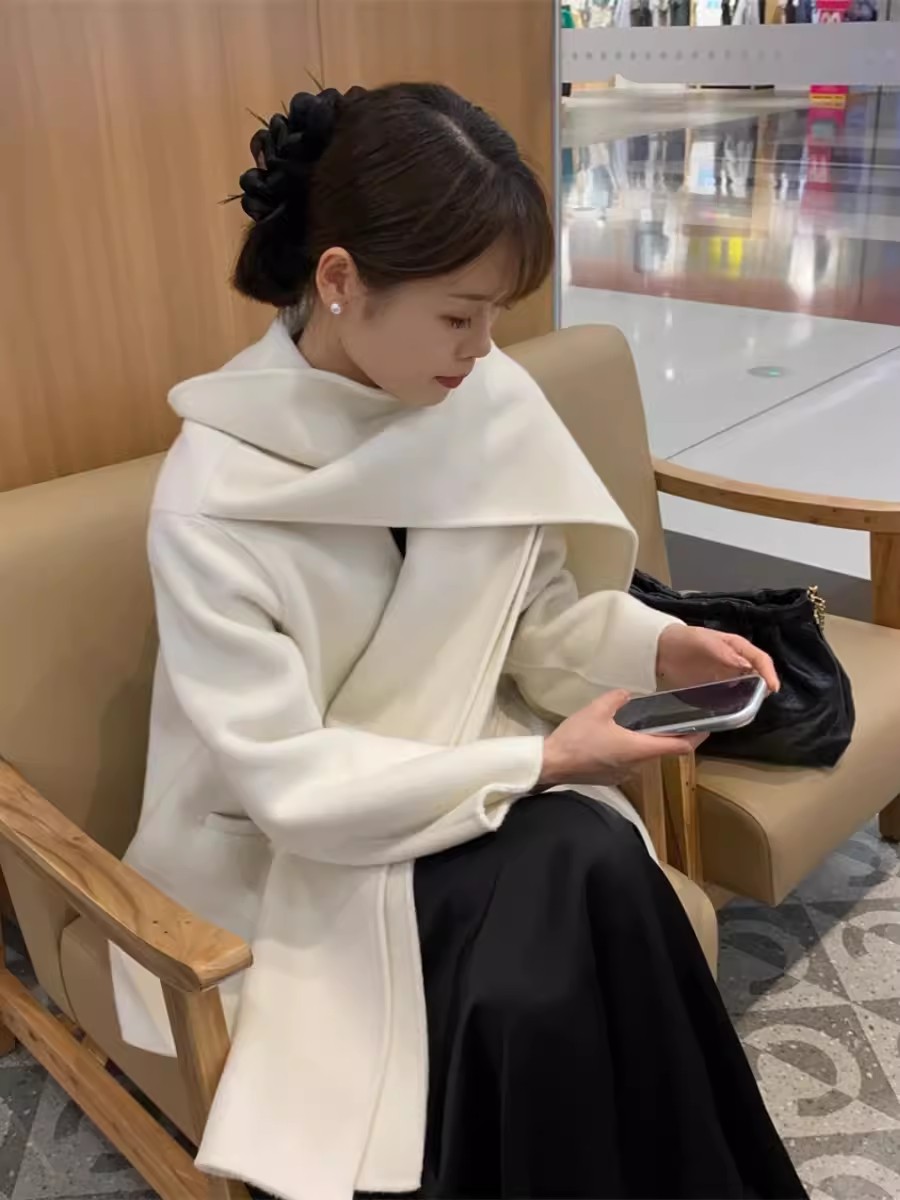 Manteau 100% laine à col écharpe pour femmes, veste d'automne et d'hiver élégante à la mode coréenne