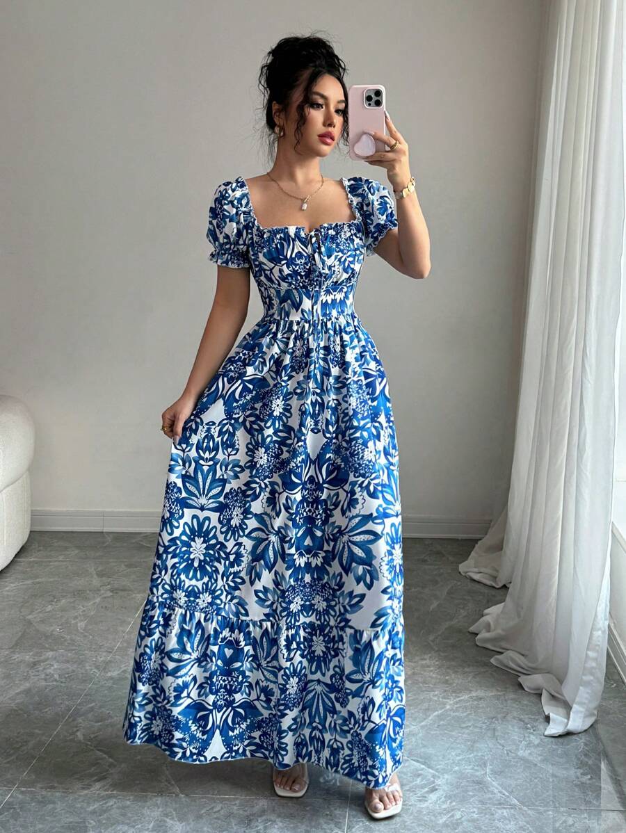 Robe élégante à manches bulles pour femmes, imprimé Floral, robe longue bleue, cravate sur le devant dans le dos, taille froncée, vacances décontractées