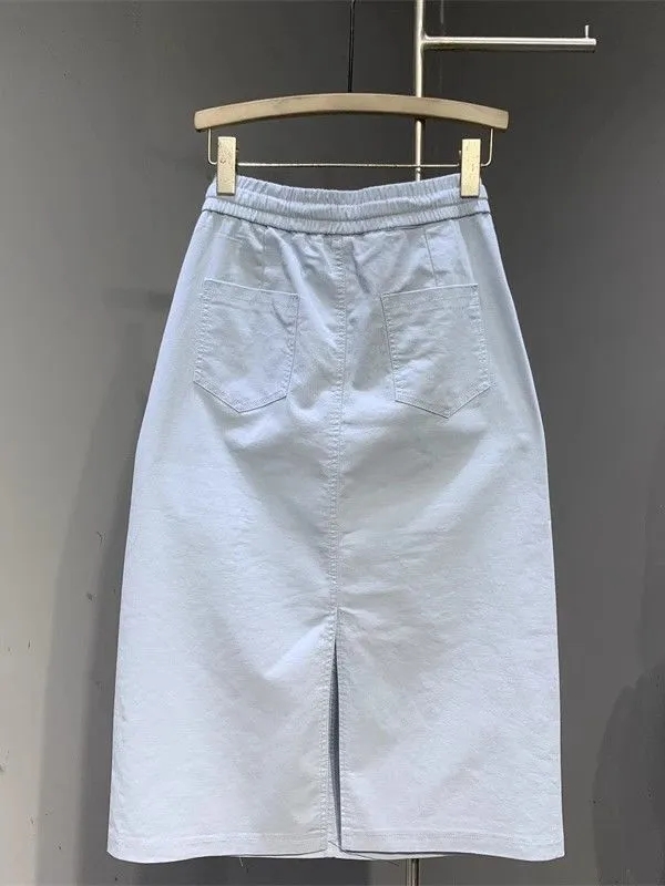 Mode coréenne 2025 nouvelle jupe d'été femmes décontracté sauvage taille haute Simple mi-longue fendue a-ligne jupe mince dames vêtements