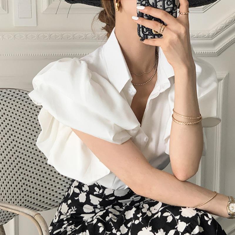 Chemises noires décontractées pour femmes, chemisier à simple boutonnage, style palais, bouffantes, manches courtes lanterne en Y, chemise d'été
